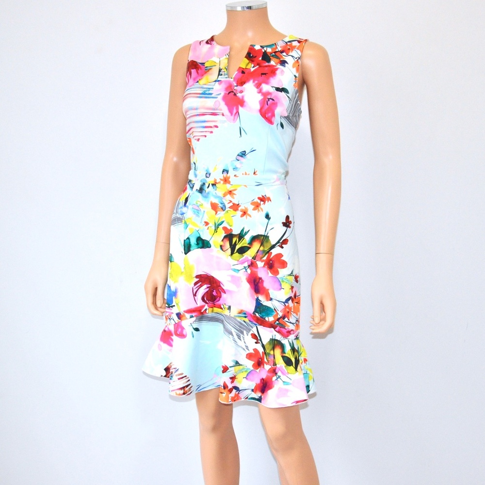 DERHY Floral Flare Hem Stretch Shift Dress - Sz L